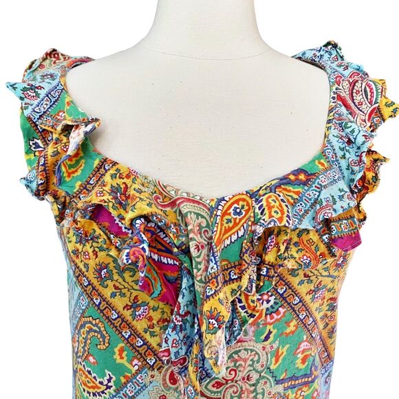 Ralph Lauren Ruffled Paisley Top Size L Sleeveless Boho Countrycore 100% Cotton - Picture 2 of 9